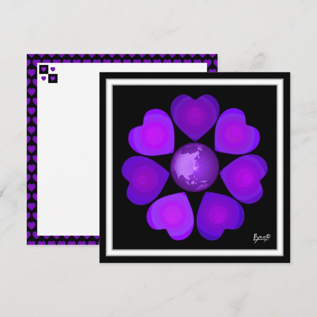 Carte Cœurs violets battants en N&B (Devant / Derrière)