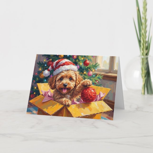 Carte Coffret Cadeau de Noël Chien Cockapoo Surprise (Devant)