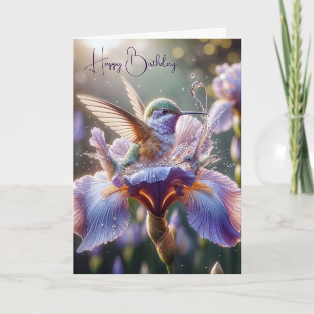 Carte Colibri éclaboussant dans un iris violet (Devant)