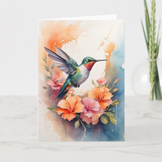 Carte Colibri Entouré de Fleurs Colorées Vide (Devant)