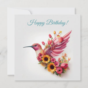 Carte Colibri volant avec des fleurs Joyeux Anniversaire