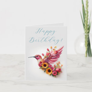 Carte Colibri volant avec des fleurs Joyeux Anniversaire