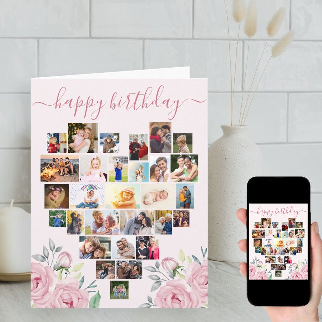 Carte Collage de photos du coeur Peony rose Anniversaire (Créateur téléchargé)