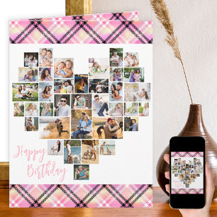 Carte Collage de photos en forme de cœur rose à carreaux