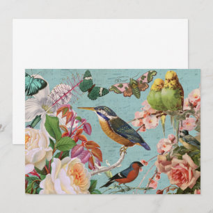 Carte Collage d'éphémères vintage roses papillons et ois