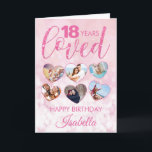 Carte Collage photo d'anniversaire 18 ans Girly Rose Pai<br><div class="desc">Une carte d'anniversaire 18 ans personnalisée avec collage photo fabuleuse pour un dix-huitième anniversaire spécial. Ce design girly rose pailleté convient à tout âge. Remplissez les 6 cœurs avec des photos de la personne qui fête son anniversaire - ou des images de tous ceux qui l'aiment. Un design glamour qu'ils...</div>