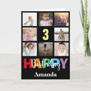 Carte Collage photo d'anniversaire moderne noir 3 ans