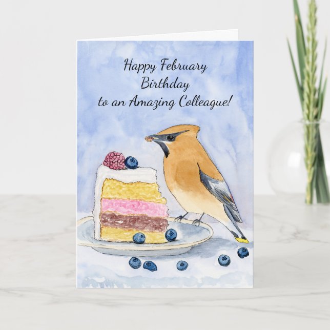 Carte Colleague Happy February Birthday Bird Cake (Devant)