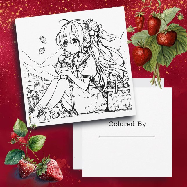 Carte Color Me pour enfants | Fraises Anime Girl (Créateur téléchargé)