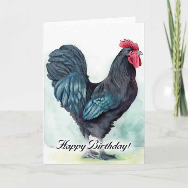 Carte colorée d'anniversaire de poulet debout. Coq (Devant)