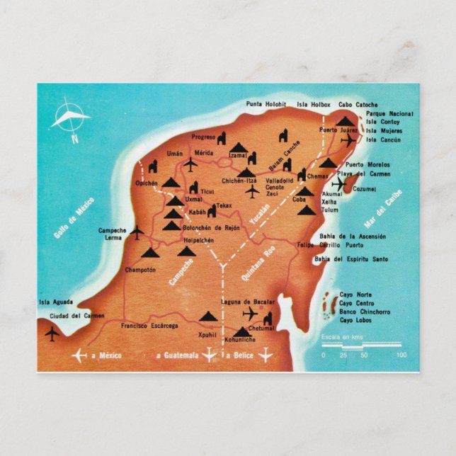 Carte colorée Vintage Yucatan Mexique (Devant)