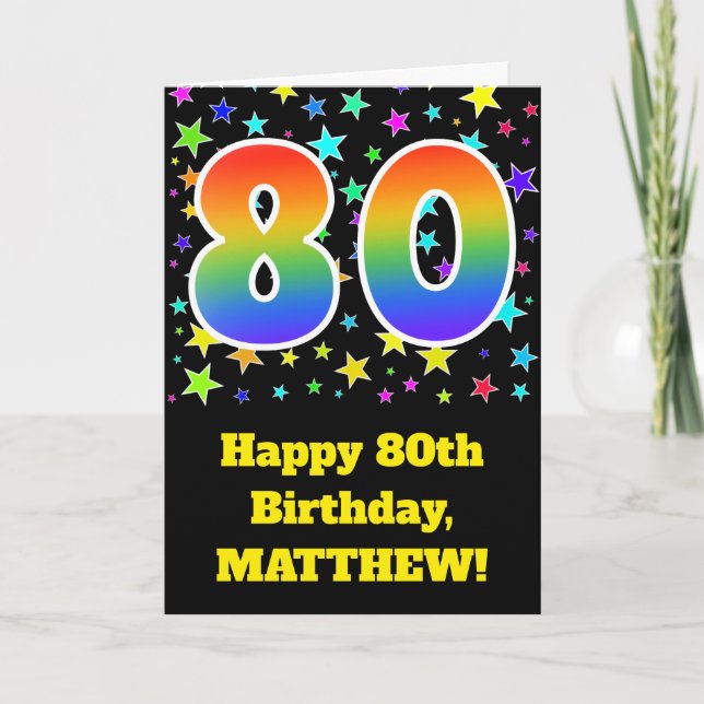 Carte Colorful Stars + Rainbow Pattern "80" Birthday # (Devant)