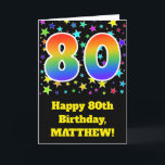Carte Colorful Stars   Rainbow Pattern "80" Birthday #<br><div class="desc">The front of this exciting, fun, and vibrant birthday greeting card design features many colorful star shapes, along with the number "80" featuring a multicolored rainbow inspired spectrum gradient pattern, on a black colored background. The front also features a birthday greeting message, including a customized recipient name. The inside features...</div>