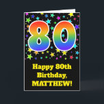 Carte Colorful Stars   Rainbow Pattern "80" Birthday #<br><div class="desc">The front of this exciting, fun, and vibrant birthday greeting card design features many colorful star shapes, along with the number "80" featuring a multicolored rainbow inspired spectrum gradient pattern, on a black colored background. The front also features a birthday greeting message, including a customized recipient name. The inside features...</div>