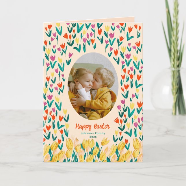 Carte Colorful Tulip Happy Easter Family Photo Greeting (Devant)