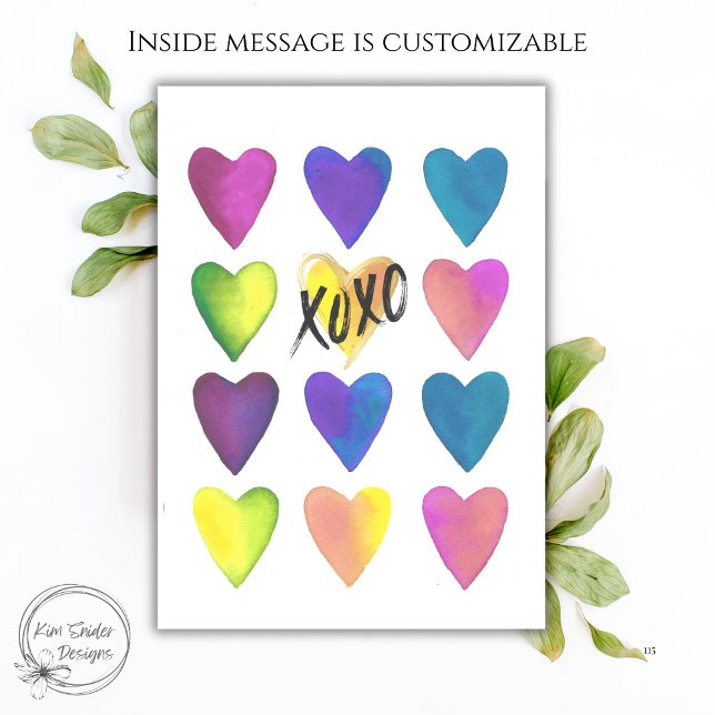 Carte Colorful Watercolor Hearts XOXO Valentine’s Day  (Créateur téléchargé)