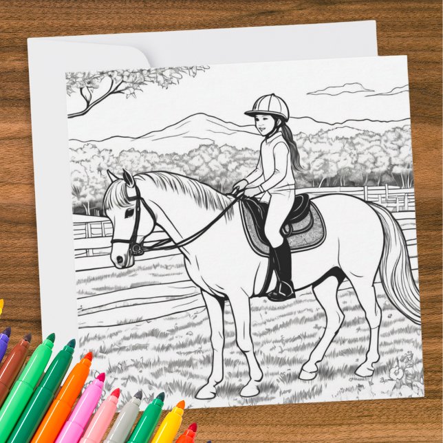 Carte Coloriage Fille à Cheval Poney (A greeting card with picture to color, of a girl riding a pony in a paddock)