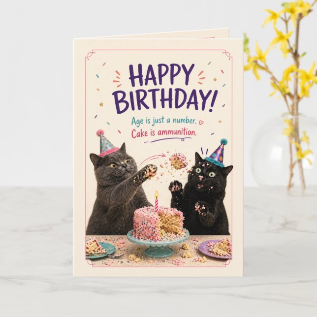 Carte Combat de gâteau d'anniversaire pour chat (Fleur jaune)