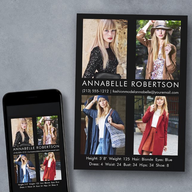 Carte Comp Acteur de modèle moderne 4 photos (Customize to change background color, text size, style or to add more photos to back of card.)