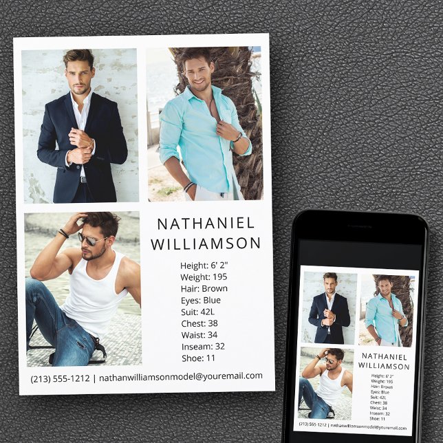 Carte Comp Moderne Pro Model et Actor 3 Photos (Customize to change background color, text size, style or to add more photos to back of card.)