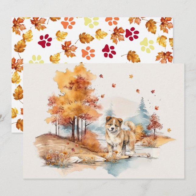 Carte Conception de chien d'automne à l'aquarelle - Akit (Devant / Derrière)