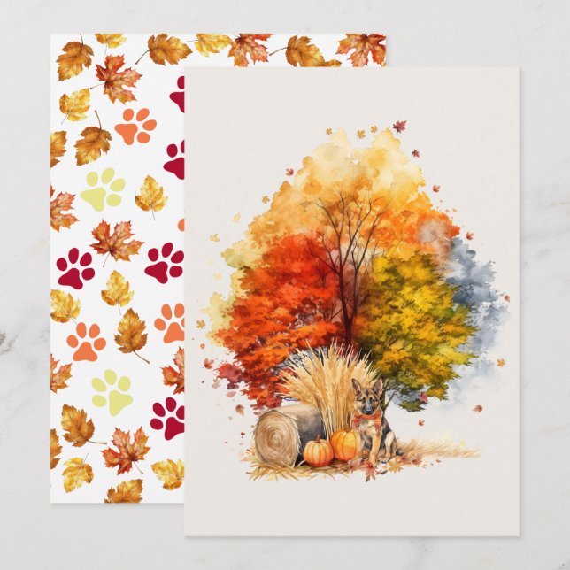 Carte Conception de chien d'automne à l'aquarelle - Berg (Devant / Derrière)