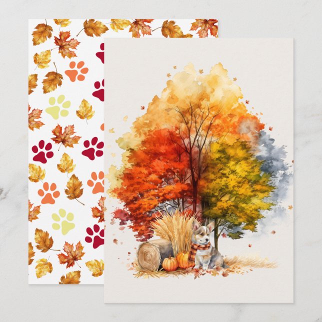 Carte Conception de chien d'automne à l'aquarelle - Corg (Devant / Derrière)