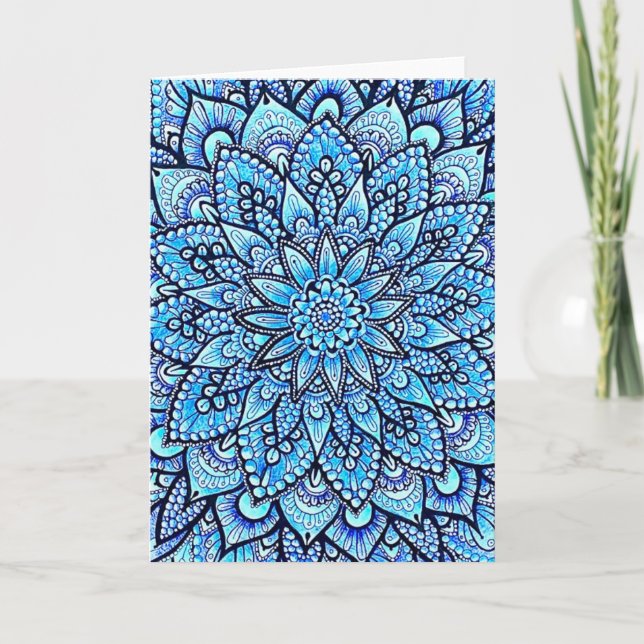 Carte Conception de mandala au crayon de couleur bleue,  (Devant)