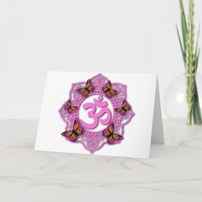 Carte Conception mandala ohm rose avec papillons Monarch (Devant)