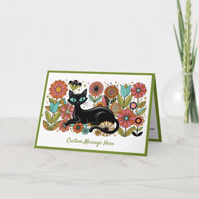 Carte Conception personnalisée de chat noir floral rétro (Devant)