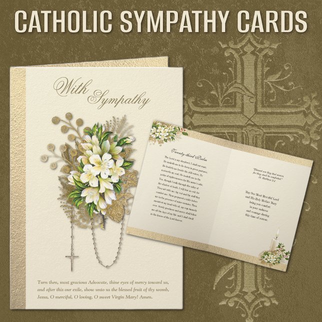 Carte Condolence de sympathie catholique Rosaire floral (TRADITIONAL CATHOLIC FUNERAL SYMPATHY CARDS WITH ROSARY AND SCRIPTURE)