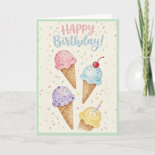 Carte Cône de glace rose pastel pour anniversaire aquare