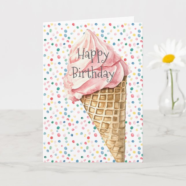 Carte Confettis Anniversaire Cône de Glace Rose (Petite plante)