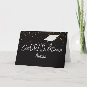 Carte Confettis dorés de remise de diplôme et toque blan