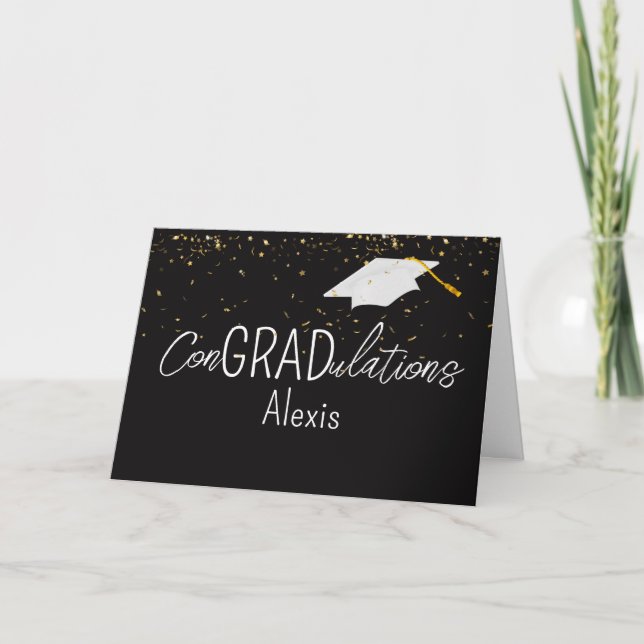Carte Confettis dorés de remise de diplôme et toque blan (Devant)