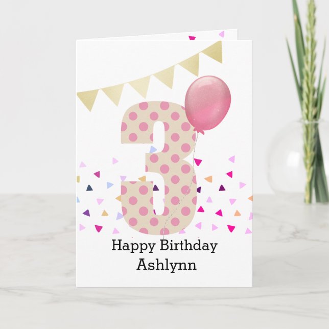 Carte Confettis Rose Pois 3ème Anniversaire (Devant)