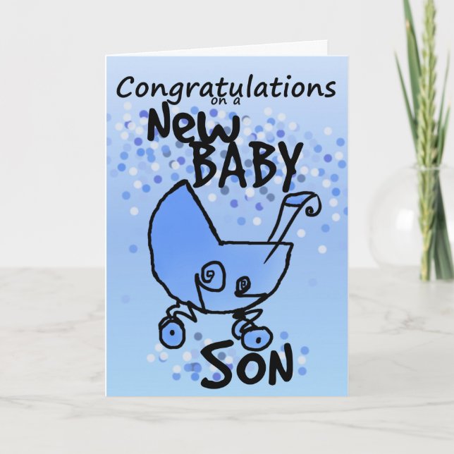 CARTE CONGRATULATIONS SUR LE NOUVEAU BÉBÉ BOY BLUE PRAM (Devant)