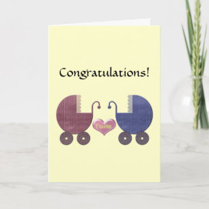 Carte Congratulations Twins, with Blue and Red Pram Art