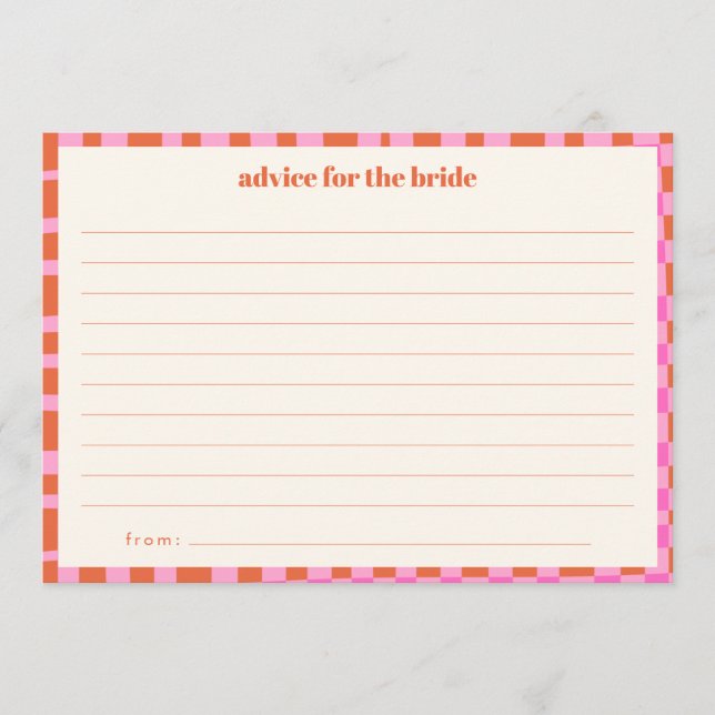 Carte Conseil Abstract Checker Pink Orange Custom Bridal Shower (Devant)