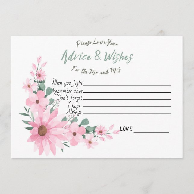 Carte Conseil Advice and Wishes Bridal Shower Pink Flowers Card (Devant)
