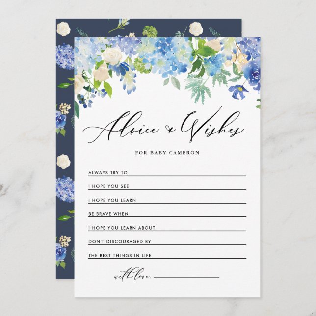 Carte Conseil Aquarelle Bleu Hydrangée Puits pour bébé (Devant / Derrière)