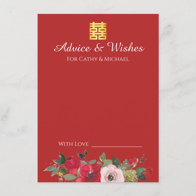 Carte Conseil Aquarelle rose rouge floral moderne mariage chinoi (Devant)