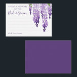 Carte Conseil Aquarelle Wisteria Purple Lilac Mariage Floral<br><div class="desc">Aquarelle Wisteria Purple Lilac Floral Mariage Les cartes de conseil comprennent d'élégantes fleurs de glycine d'aquarelle en lavande douce et violet avec feuilles verts sur un arrière - plan blanc avec espace pour vos invités à ajouter leur spécial "Partagez un souvenir de la mariée et de la chambre". Idéal pour...</div>