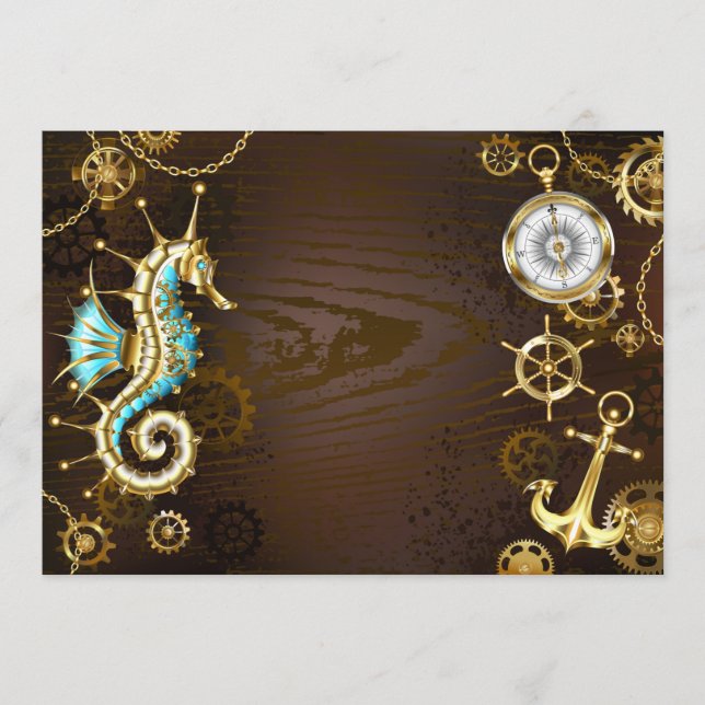 Carte Conseil Arrière - plan en bois avec cheval de mer mécaniqu (Devant)