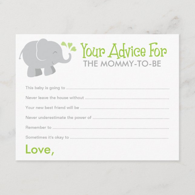 Carte Conseil Baby shower éléphant moderne vert et gris (Devant)