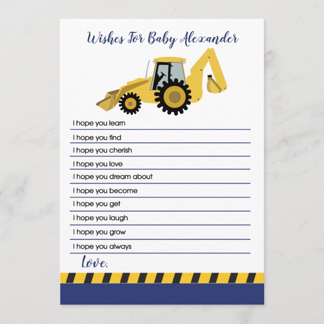 Carte Conseil Baby shower en backhoe de construction souhaits po (Devant)