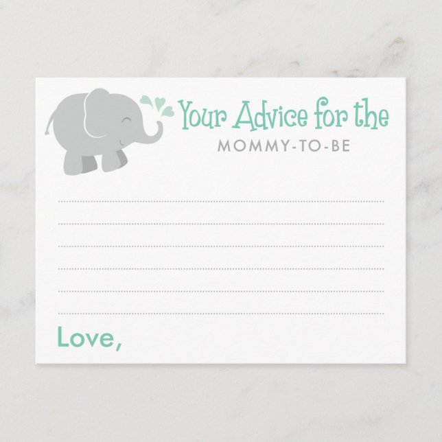 Carte Conseil Baby shower moderne à la menthe et à l'éléphant gr (Devant)