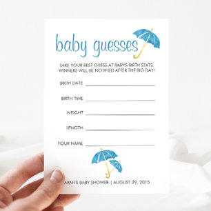 Carte Conseil Baby shower Parapluies Bleues Jeu de devinette