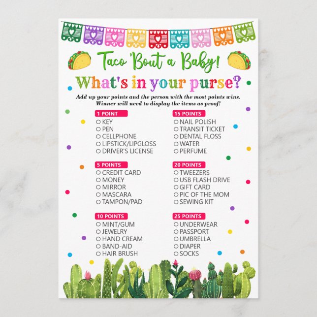 Carte Conseil Baby shower Taco Qu'y a-t-il dans votre sac à main (Devant)