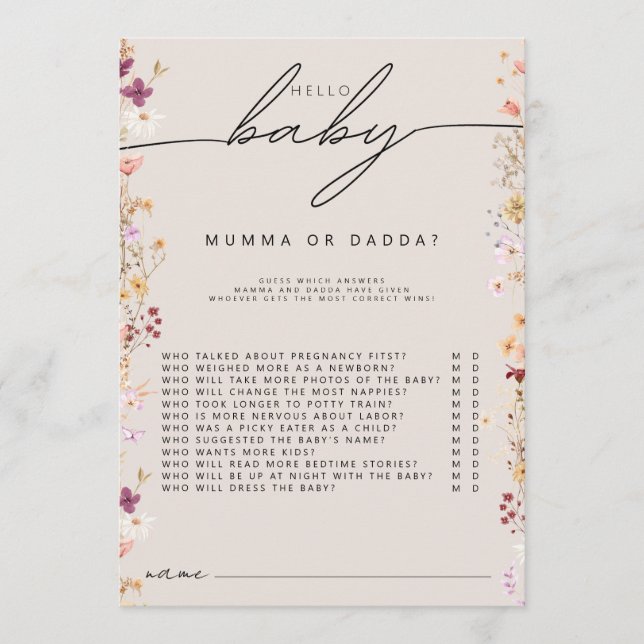 Carte Conseil Beige boho fleur sauvage baby shower maman ou papa (Devant)